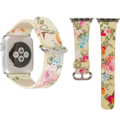 For Apple Watch Series 3 & 2 & 1 38mm New Style Chinese Ink Floral Pattern Genuine Leather Wrist Watch Band(Yellow) - Watch Bands by buy2fix | Online Shopping UK | buy2fix