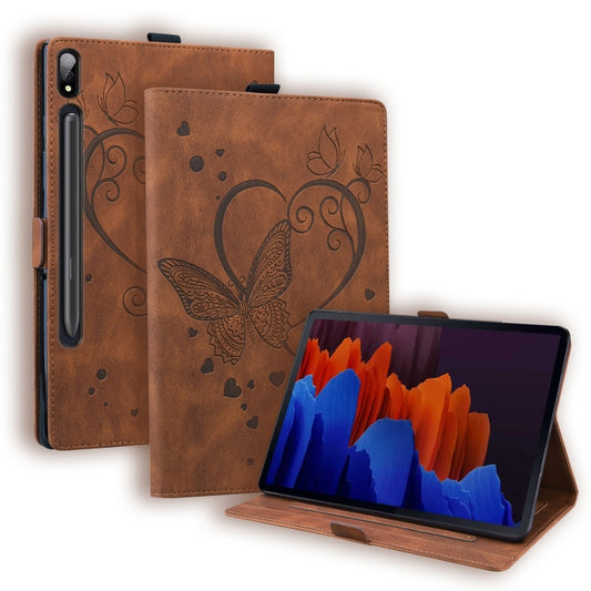 For Samsung Tab S7+ T970 T976B Love Butterfly Pattern Horizontal Flip Leather Case with Holder(Brown) - Tab S7+ T970 / T976B by buy2fix | Online Shopping UK | buy2fix