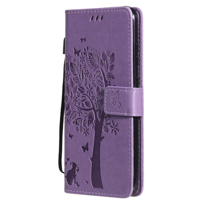 For Nokia 5.3 Tree & Cat Pattern Pressed Printing Horizontal Flip PU Leather Case with Holder & Card Slots & Wallet & Lanyard(Lavender) - Nokia Cases by buy2fix | Online Shopping UK | buy2fix