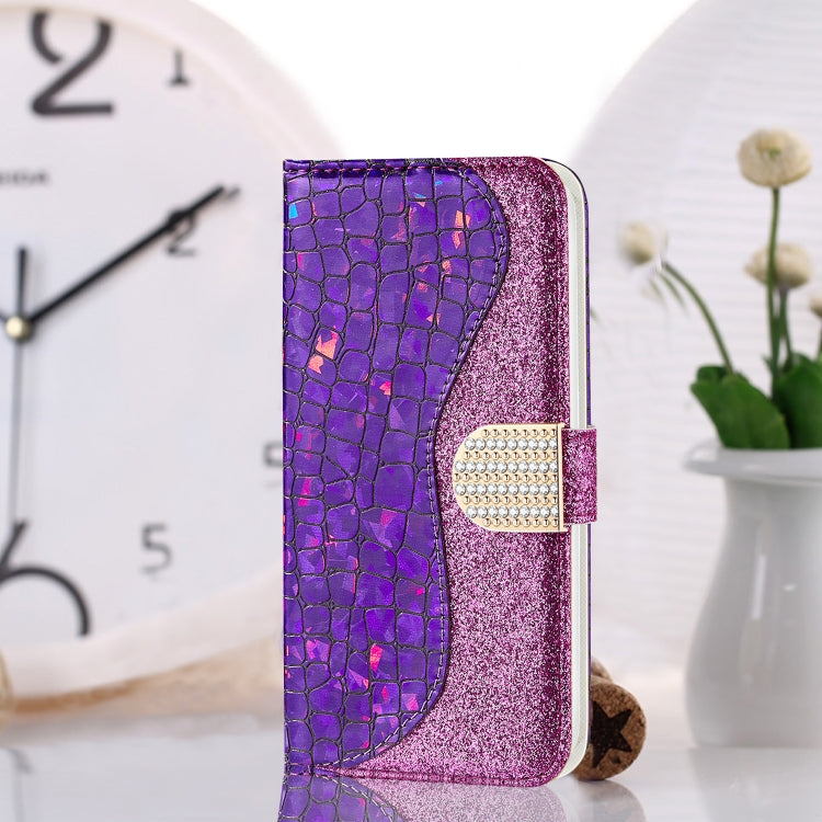 For iPhone 13 Pro Max Laser Glitter Powder Matching Crocodile Texture Horizontal Flip Leather Case with Card Slots & Holder & Wallet (Purple) - iPhone 13 Pro Max Cases by buy2fix | Online Shopping UK | buy2fix