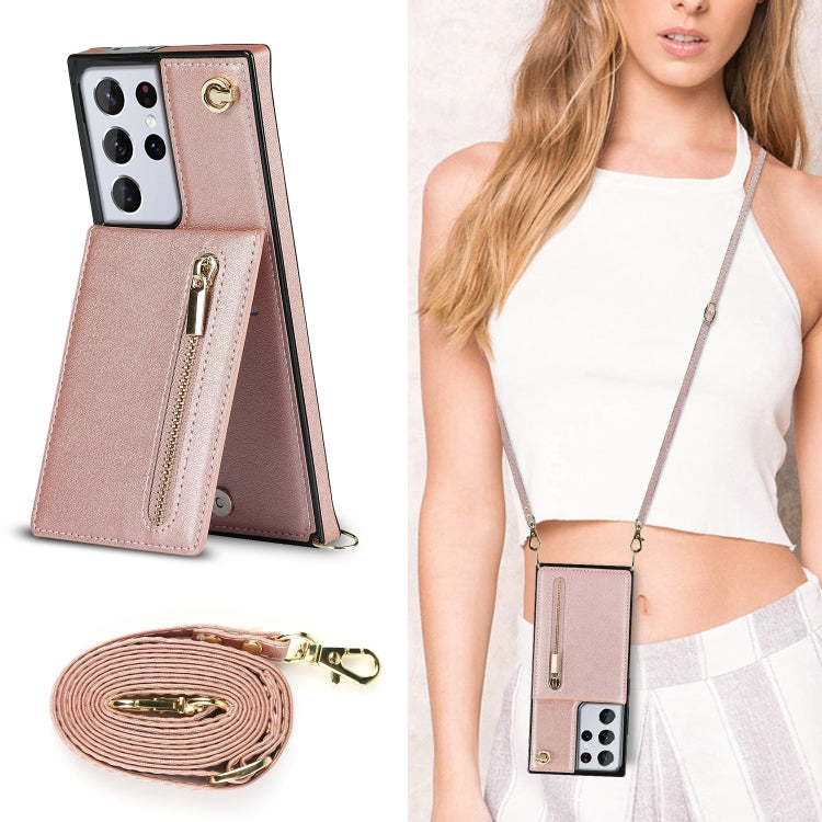 For Samsung Galaxy S21 Ultra 5G Cross-body Zipper Square TPU+PU Back Cover Case with Holder & Card Slots & Wallet & Strap(Rose Gold) - Galaxy S21 Ultra 5G Cases by buy2fix | Online Shopping UK | buy2fix