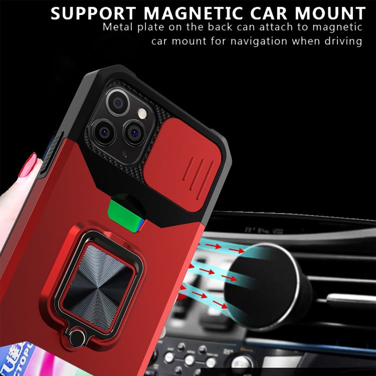 For iPhone 12 / 12 Pro Sliding Camshield Card Slot Ring Kickstand Phone Case(Red) - iPhone 12 / 12 Pro Cases by buy2fix | Online Shopping UK | buy2fix