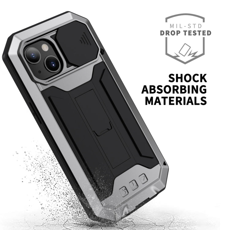 For iPhone 13 R-JUST Sliding Camera Shockproof Life Waterproof Dust-proof Metal + Silicone Protective Case with Holder(Silver) - iPhone 13 Cases by R-JUST | Online Shopping UK | buy2fix