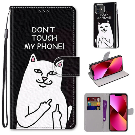 For iPhone 13 Coloured Drawing Cross Texture Horizontal Flip PU Leather Case with Holder & Card Slots & Wallet & Lanyard(Middle Finger White Cat) - iPhone 13 Cases by buy2fix | Online Shopping UK | buy2fix