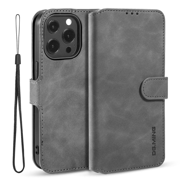 For iPhone 13 Pro DG.MING Retro Oil Side Horizontal Flip Leather Case with Holder & Card Slots & Wallet (Grey) - iPhone 13 Pro Cases by DG.MING | Online Shopping UK | buy2fix