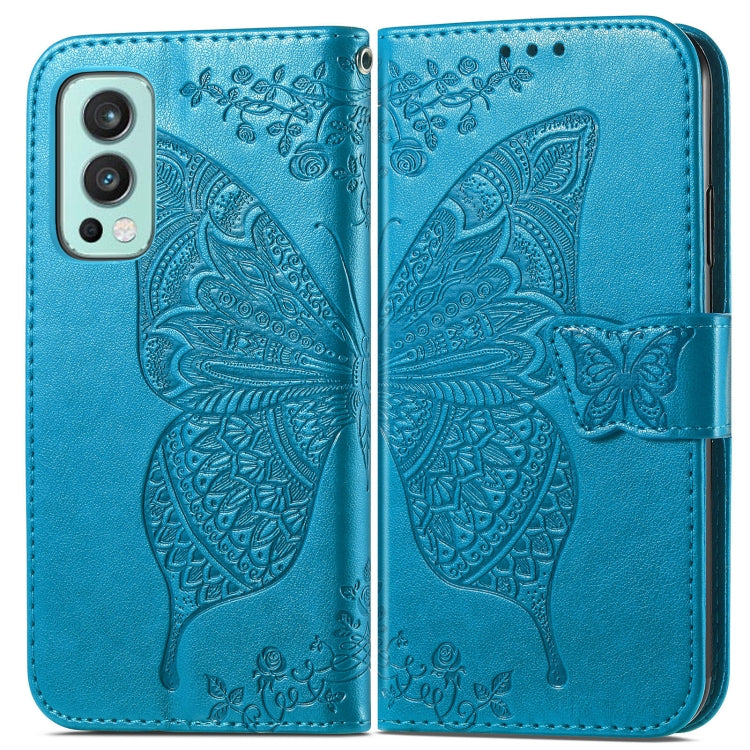 Butterfly Love Flowers Embossed Horizontal Flip Leather Case with Holder & Card Slots & Wallet & Lanyard For OnePlus Nord 2 5G(Blue) - OnePlus Cases by buy2fix | Online Shopping UK | buy2fix