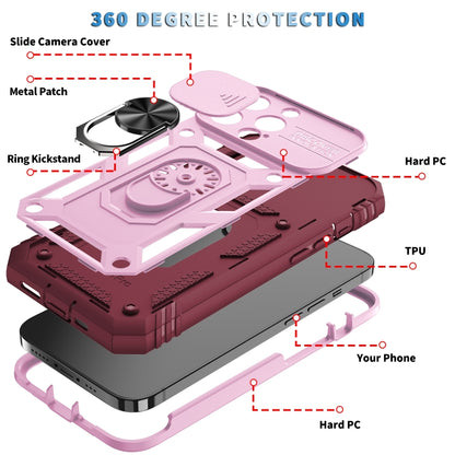 For iPhone 13 Pro Max Sliding Camera Cover Design TPU + PC Protective Case with 360 Degree Rotating Holder & Card Slot (Pink+Dark Red) - iPhone 13 Pro Max Cases by buy2fix | Online Shopping UK | buy2fix
