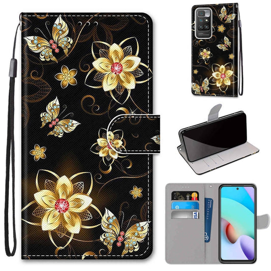 For Xiaomi Redmi 10 Coloured Drawing Cross Texture Horizontal Flip PU Leather Case with Holder & Card Slots & Wallet & Lanyard(Gold Diamond Butterfly) - Xiaomi Cases by buy2fix | Online Shopping UK | buy2fix