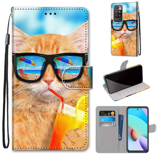 For Xiaomi Redmi 10 Coloured Drawing Cross Texture Horizontal Flip PU Leather Case with Holder & Card Slots & Wallet & Lanyard(Cat Drinking Soda) - Xiaomi Cases by buy2fix | Online Shopping UK | buy2fix