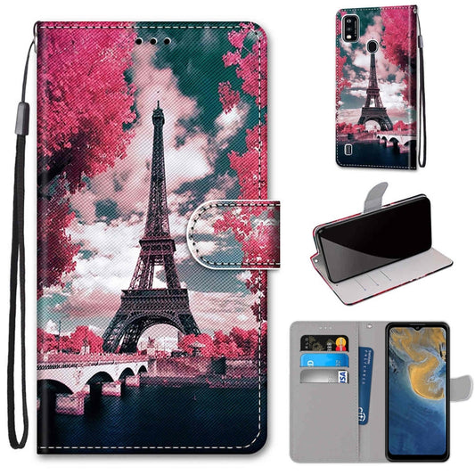 For ZTE Blade A51 Coloured Drawing Cross Texture Horizontal Flip PU Leather Case with Holder & Card Slots & Wallet & Lanyard(Pink Flower Tower Bridge) - ZTE Cases by buy2fix | Online Shopping UK | buy2fix