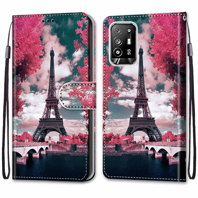 For OPPO F19 Pro+ 5G / A94 5G / A95 5G Coloured Drawing Cross Texture Horizontal Flip PU Leather Case with Holder & Card Slots & Wallet & Lanyard(Pink Flower Tower Bridge) - OPPO Cases by buy2fix | Online Shopping UK | buy2fix