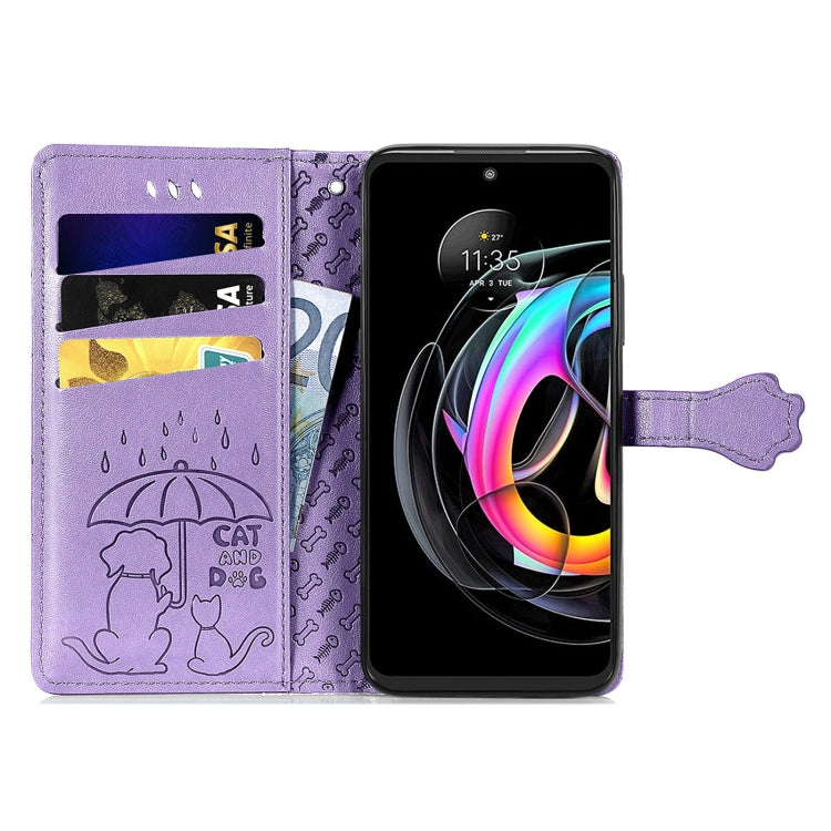For Motorola Moto Edge 20 Lite Lovely Cat and Dog Embossing Pattern Horizontal Flip Leather Case , with Holder & Card Slots & Wallet & Cartoon Clasp & Lanyard(Purple) - Motorola Cases by buy2fix | Online Shopping UK | buy2fix