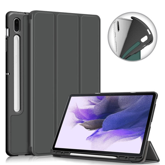 For Samsung Galaxy Tab S7 FE 12.4 Solid Color TPU Horizontal Flip Tablet Leather Case with 3-Fold Holder & Sleep / Wake-up Function(Grey) - Galaxy Tab S7 FE by buy2fix | Online Shopping UK | buy2fix