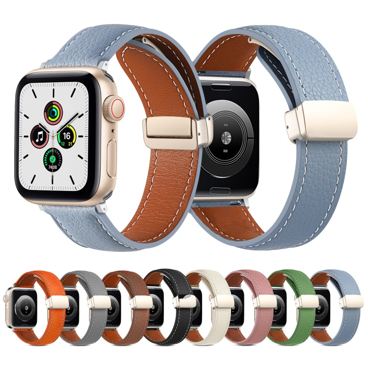 Folding Buckle Genuine Leather Watch Band for Apple Watch Series 8&7 41mm / SE 2&6&SE&5&4 40mm / 3&2&1 38mm(Orange) - Watch Bands by buy2fix | Online Shopping UK | buy2fix