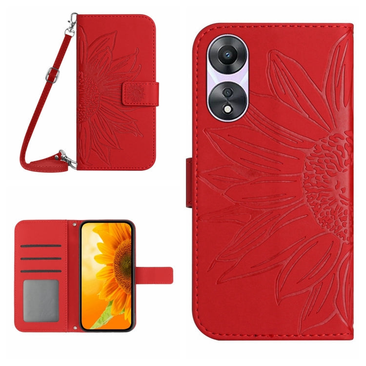 For OPPO A58 5G/A78 5G HT04 Skin Feel Sun Flower Embossed Flip Leather Phone Case with Lanyard(Red) - OPPO Cases by buy2fix | Online Shopping UK | buy2fix