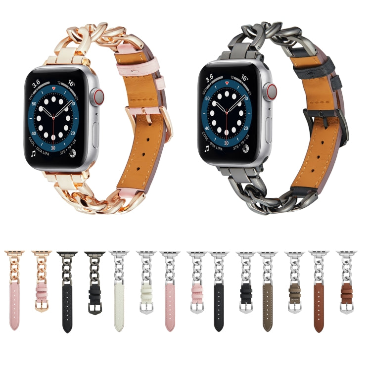 Chain + Leather Watch Band For Apple Watch Series 9&8&7 41mm / SE 3&SE 2&6&SE&5&4 40mm / 3&2&1 38mm (Black+Black) - Watch Bands by buy2fix | Online Shopping UK | buy2fix