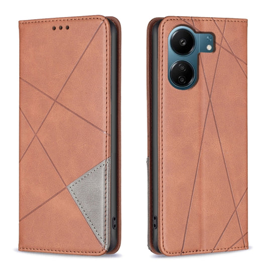 For Xiaomi Redmi 13C Rhombus Texture Magnetic Leather Phone Case(Brown) - 13C Cases by buy2fix | Online Shopping UK | buy2fix