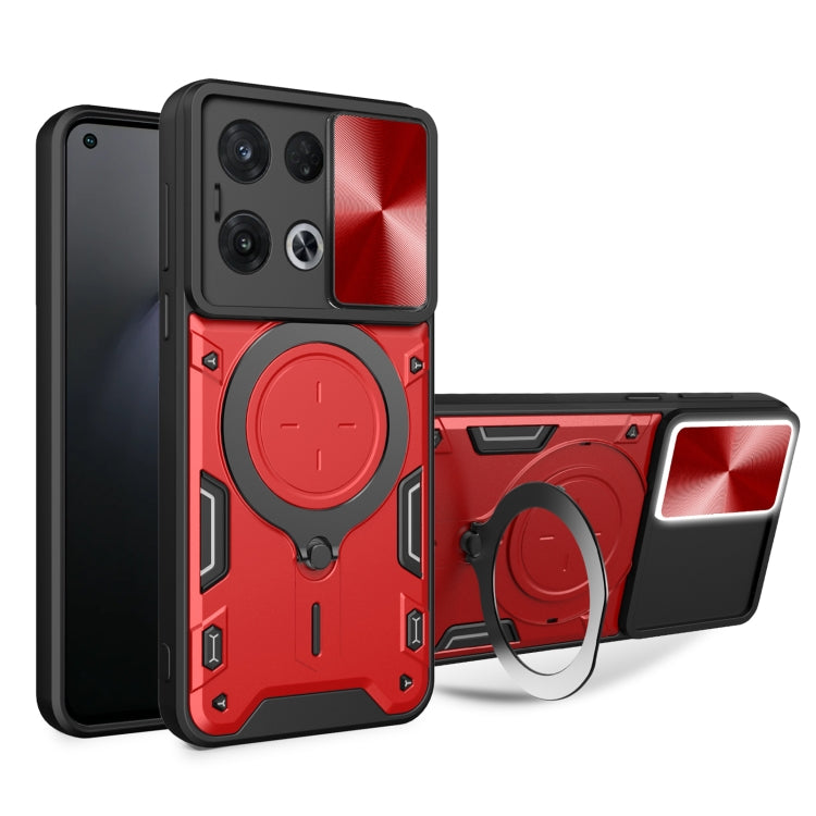 For OPPO Reno8 Pro 5G CD Texture Sliding Camshield Magnetic Holder Phone Case(Red) - OPPO Cases by buy2fix | Online Shopping UK | buy2fix