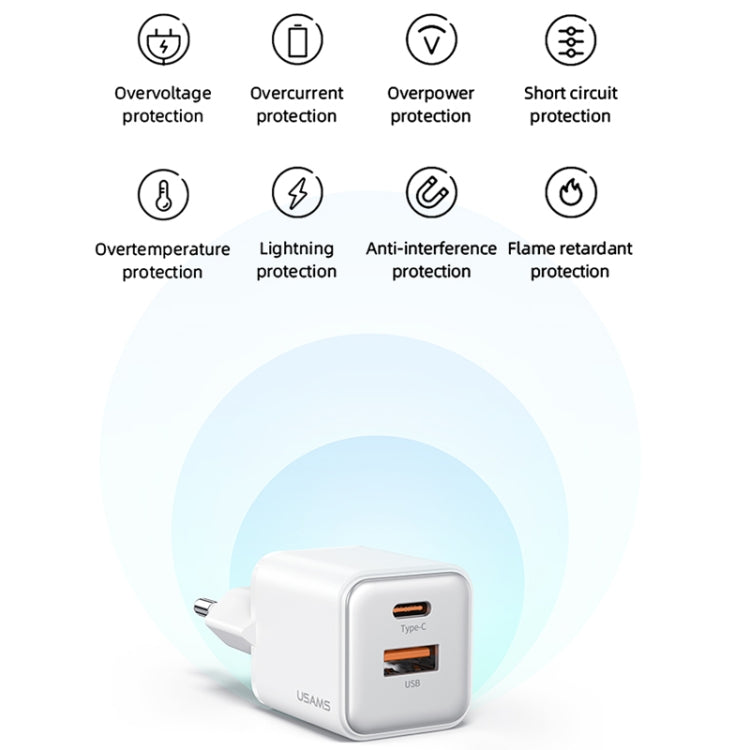 USAMS US-CC189 PD 30W USB+USB-C/Type-C Dual Port Electroplating Charger, EU Plug(White) - USB Charger by USAMS | Online Shopping UK | buy2fix
