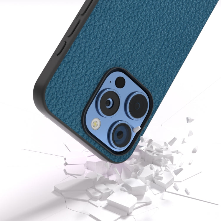 For iPhone 16 Pro ABEEL Genuine Leather Litchi Texture Phone Case(Blue) - iPhone 16 Pro Cases by buy2fix | Online Shopping UK | buy2fix