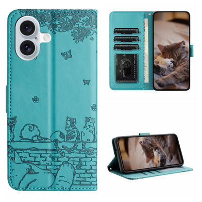 For iPhone 16 Cat Embossing Pattern Leather Phone Case with Lanyard(Blue) - iPhone 16 Cases by buy2fix | Online Shopping UK | buy2fix