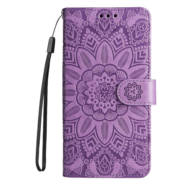 For iPhone 16 Plus Embossed Sunflower Leather Phone Case(Purple) - iPhone 16 Plus Cases by buy2fix | Online Shopping UK | buy2fix