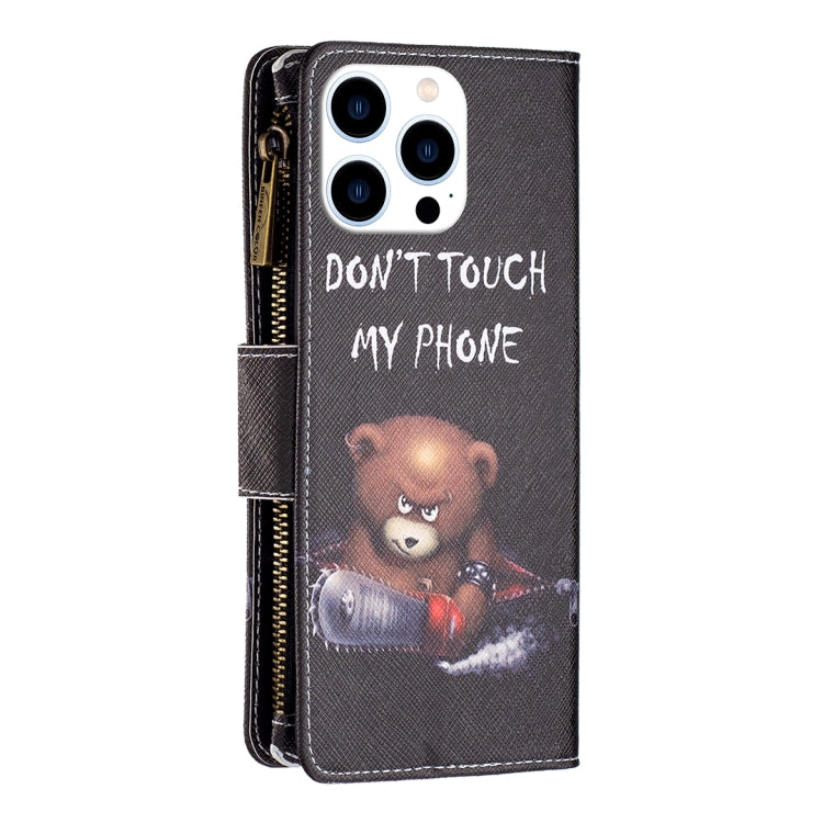 For iPhone 16 Pro Max Colored Drawing Pattern Zipper Phone Leather Case(Bear) - iPhone 16 Pro Max Cases by buy2fix | Online Shopping UK | buy2fix