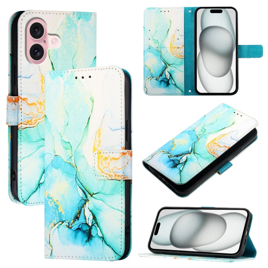 For iPhone 16 PT003 Marble Pattern Flip Leather Phone Case(Green LS003) - iPhone 16 Cases by buy2fix | Online Shopping UK | buy2fix