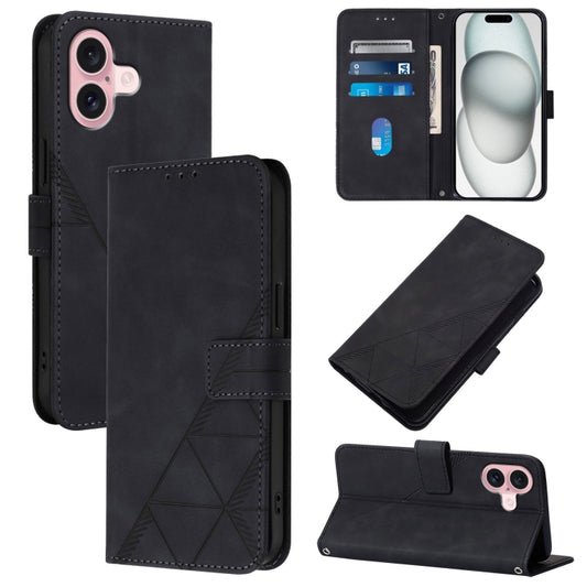 For iPhone 16 Crossbody 3D Embossed Flip Leather Phone Case(Black) - iPhone 16 Cases by buy2fix | Online Shopping UK | buy2fix