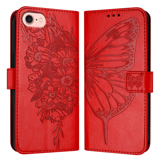 For iPhone SE 2024 Embossed Butterfly Leather Phone Case(Red) - More iPhone Cases by buy2fix | Online Shopping UK | buy2fix