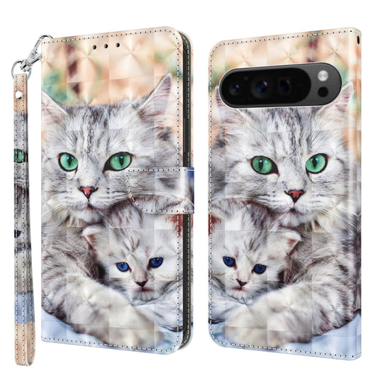 For Google Pixel 9 3D Painted Pattern Leather Phone Case(Two Loving Cats) - Google Cases by buy2fix | Online Shopping UK | buy2fix