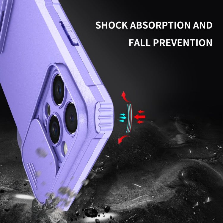 For iPhone 16 Pro Max Stereoscopic Holder Sliding Camshield Phone Case(Purple) - iPhone 16 Pro Max Cases by buy2fix | Online Shopping UK | buy2fix