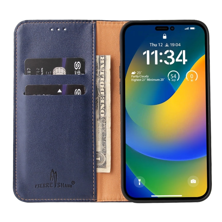 For iPhone 15 Pro Max Fierre Shann PU Genuine Leather Texture Phone Case(Blue) - iPhone 15 Pro Max Cases by FIERRE SHANN | Online Shopping UK | buy2fix