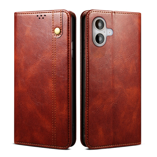 For iPhone 16 Oil Wax Crazy Horse Texture Leather Phone Case(Brown) - iPhone 16 Cases by buy2fix | Online Shopping UK | buy2fix