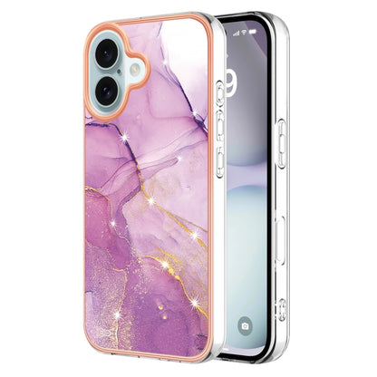 For iPhone 16 Electroplating Marble Pattern Dual-side IMD TPU Shockproof Phone Case (Purple 001) - iPhone 16 Cases by buy2fix | Online Shopping UK | buy2fix