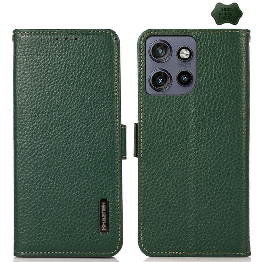 For Motorola Edge 50 5G KHAZNEH Side-Magnetic Litchi Genuine Leather RFID Phone Case(Green) - Motorola Cases by buy2fix | Online Shopping UK | buy2fix