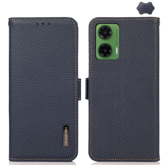 For Motorola Moto G35 KHAZNEH Side-Magnetic Litchi Genuine Leather RFID Phone Case(Blue) - Motorola Cases by buy2fix | Online Shopping UK | buy2fix