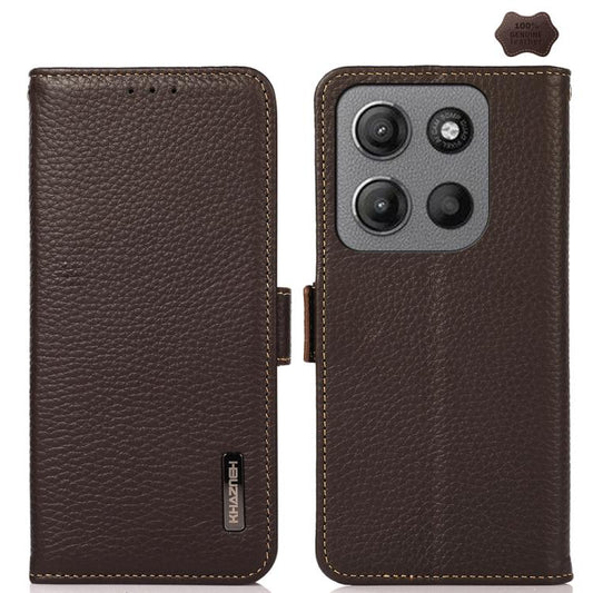 For Motorola Moto G15 4G / G05 KHAZNEH Side-Magnetic Litchi Genuine Leather RFID Phone Case(Brown) - Motorola Cases by buy2fix | Online Shopping UK | buy2fix