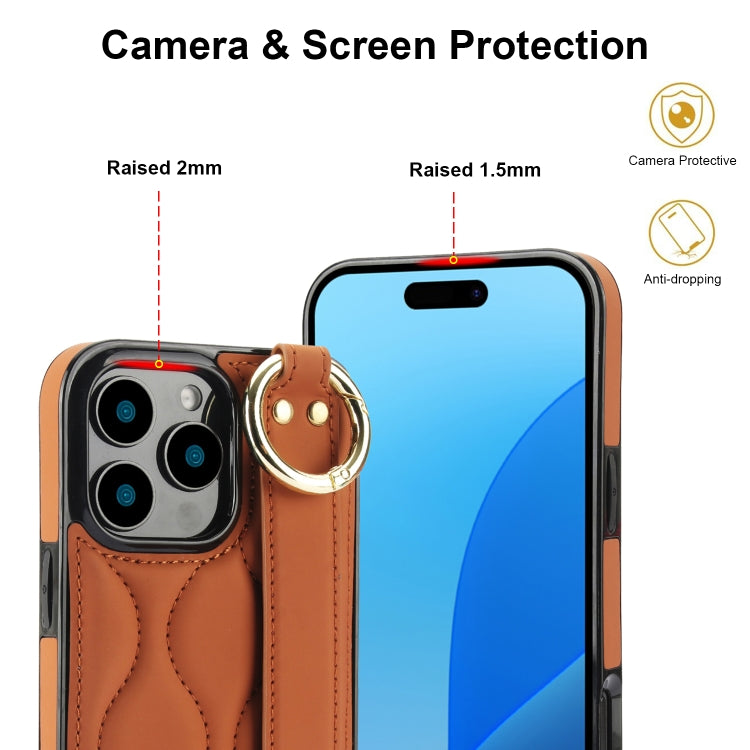 For iPhone 16 Pro Non-slip Full Coverage Ring PU Phone Case with Wristband(Brown) - iPhone 16 Pro Cases by buy2fix | Online Shopping UK | buy2fix