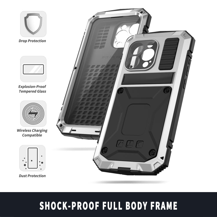 For iPhone 15 Pro R-JUST Shockproof Life Waterproof Dust-proof Metal + Silicone Phone Case with Holder(Silver) - iPhone 15 Pro Cases by R-JUST | Online Shopping UK | buy2fix