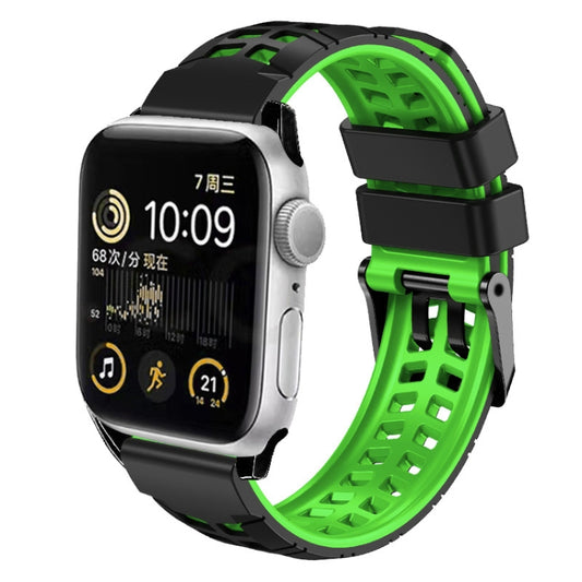 For Apple Watch SE 2022 44mm Twill Dual-row Buckle Silicone Watch Band(Black Green) - Watch Bands by buy2fix | Online Shopping UK | buy2fix