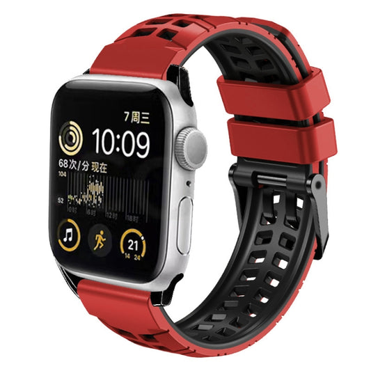 For Apple Watch SE 2022 44mm Twill Dual-row Buckle Silicone Watch Band(Red Black) - Watch Bands by buy2fix | Online Shopping UK | buy2fix