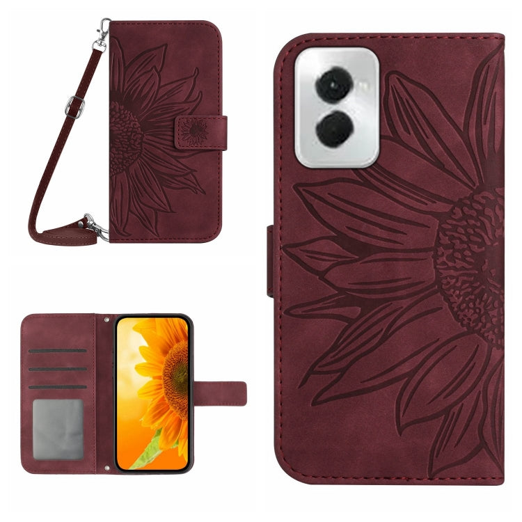 For Motorola Moto G Power 5G 2024 HT04 Skin Feel Sun Flower Embossed Flip Leather Phone Case with Lanyard(Wine Red) - Motorola Cases by buy2fix | Online Shopping UK | buy2fix