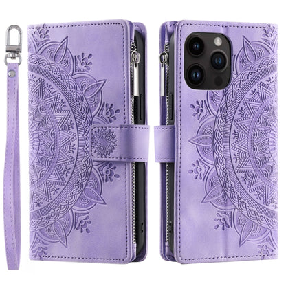 For iPhone 16 Pro Multi-Card Totem Zipper Leather Phone Case(Purple) - iPhone 16 Pro Cases by buy2fix | Online Shopping UK | buy2fix