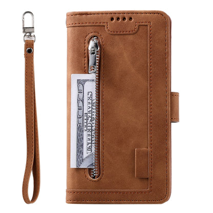 For iPhone 16 Pro Nine Card Zipper Bag Leather Phone Case with Lanyard(Brown) - iPhone 16 Pro Cases by buy2fix | Online Shopping UK | buy2fix