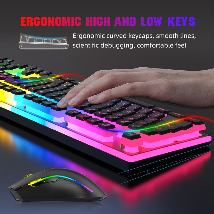 HXSJ L96 2.4G Wireless RGB Backlit Keyboard and Mouse Set 104 Pudding Key Caps + 4800DPI Mouse(Black) - Wireless Keyboard by HXSJ | Online Shopping UK | buy2fix