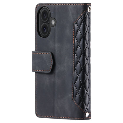 For iPhone 16 Plus Grid Texture Zipper Leather Phone Case with Lanyard(Black) - iPhone 16 Plus Cases by buy2fix | Online Shopping UK | buy2fix