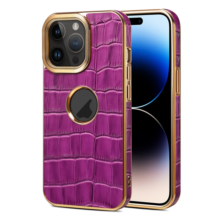 For iPhone 15 Pro Max Denior Crocodile Texture Genuine Leather Electroplating Phone Case(Purple) - iPhone 15 Pro Max Cases by Denior | Online Shopping UK | buy2fix