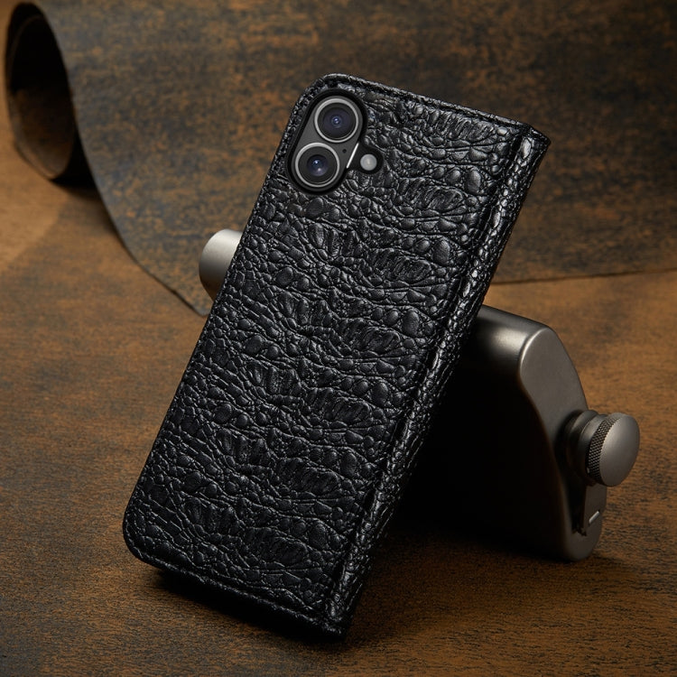 For iPhone 16 Fierre Shann Crocodile Texture Magnetic Genuine Leather Phone Case(Black) - iPhone 16 Cases by FIERRE SHANN | Online Shopping UK | buy2fix