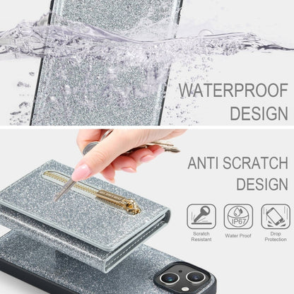 For iPhone 15 DG.MING M3 Series Glitter Powder Card Bag Leather Phone Case(Silver) - iPhone 15 Cases by DG.MING | Online Shopping UK | buy2fix